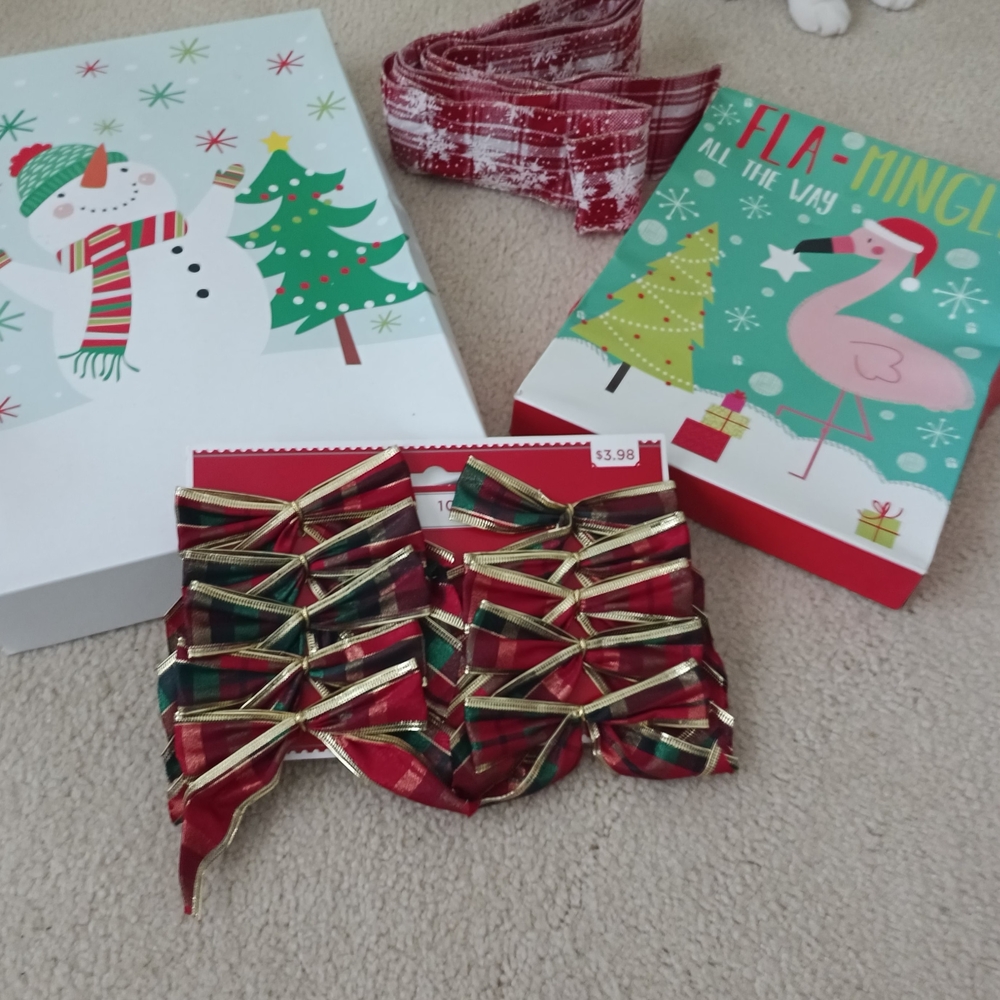 Festive Plaid and Gold Bows,  Ribbon And Two Boxes.